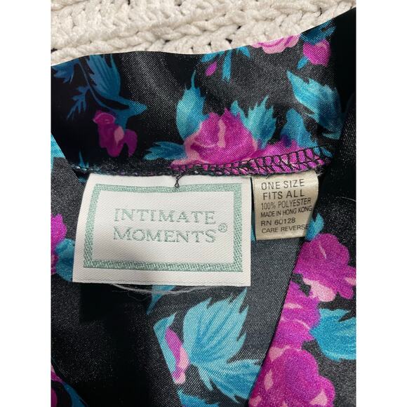 VTG Intimate Moments Robe Floral Waist Tie Short Silky Womens One Size Black - Picture 3 of 5